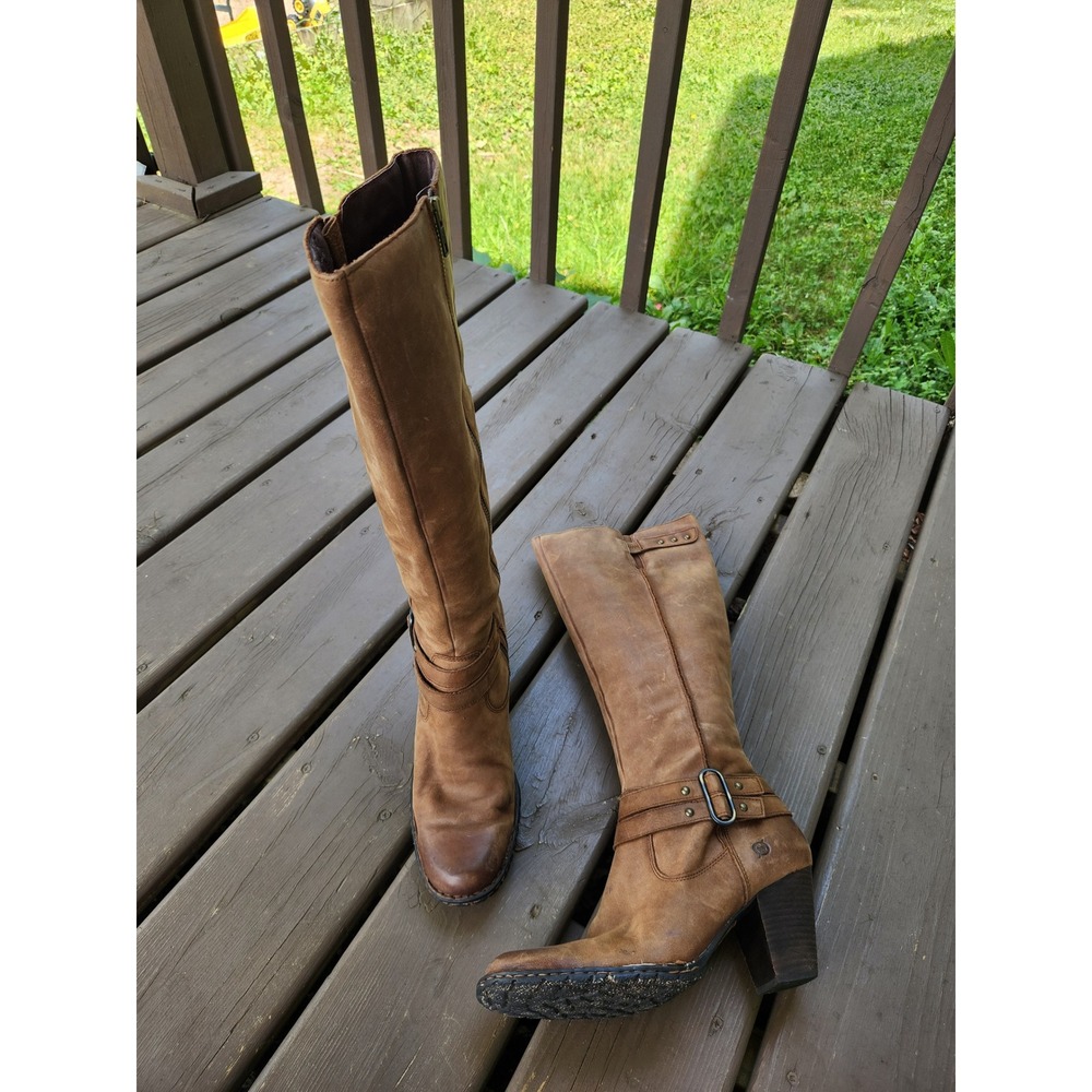 Born Tall Leather Boots Tan Distressed Buckle Block Heel Western Cowgirl Size 10